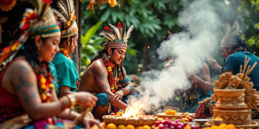 Upacara tradisional masyarakat adat dengan pakaian warna-warni.