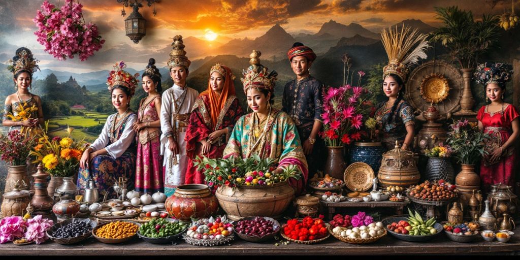 Foto budaya Indonesia dengan pakaian tradisional dan kerajinan.